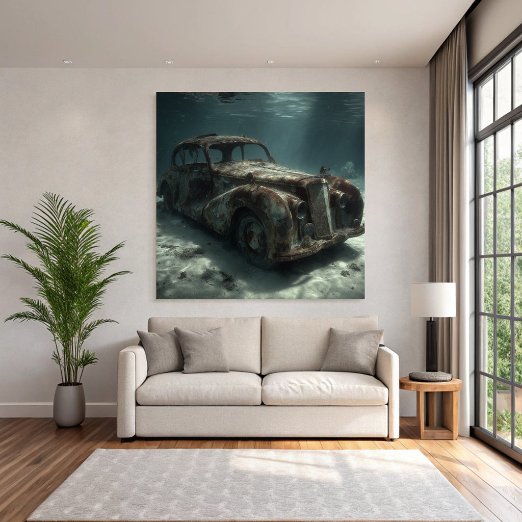 Meeres Verlassener Vintage Auto Unter Wasser Lichtstrahlen Verfall