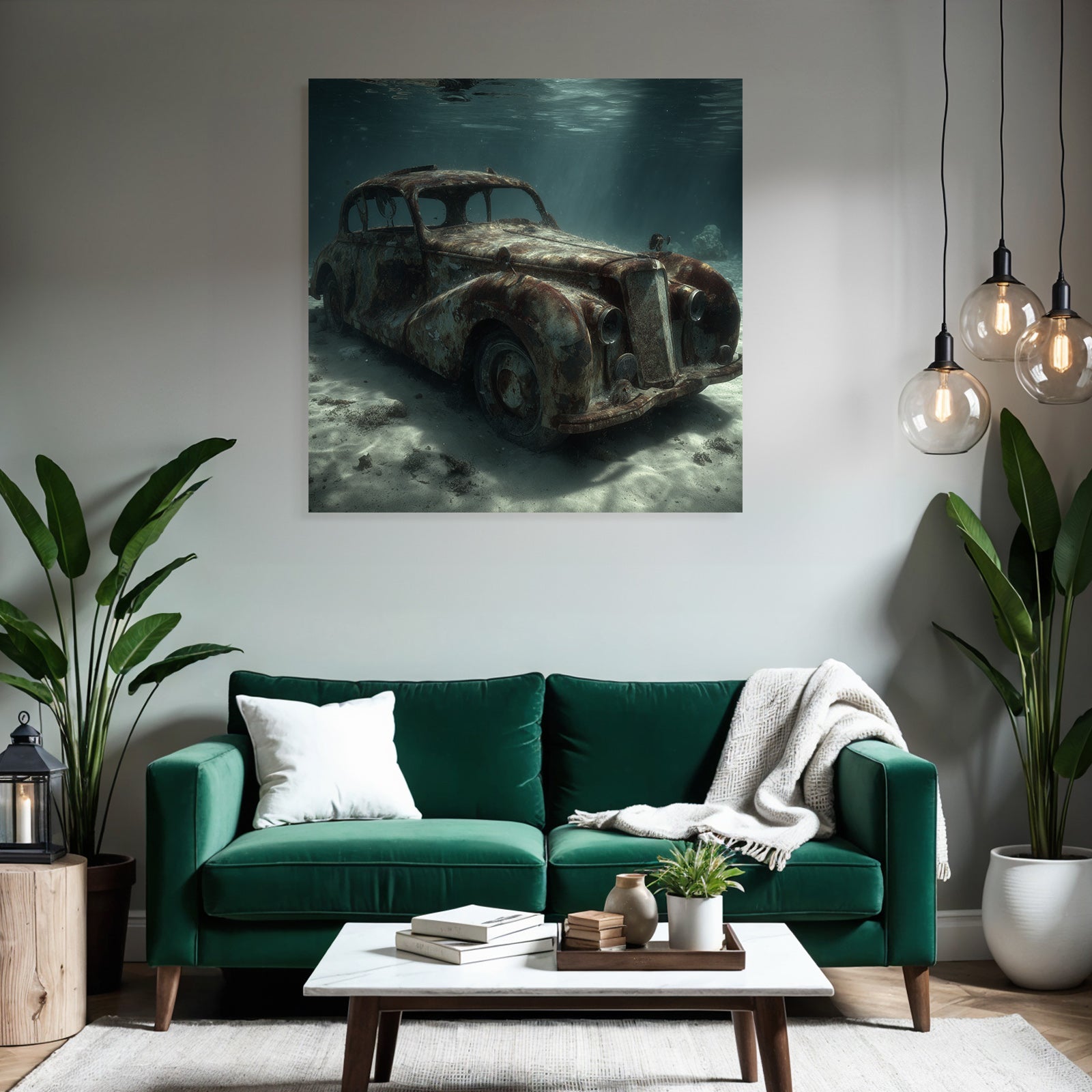 Meeres Verlassener Vintage Auto Unter Wasser Lichtstrahlen Verfall