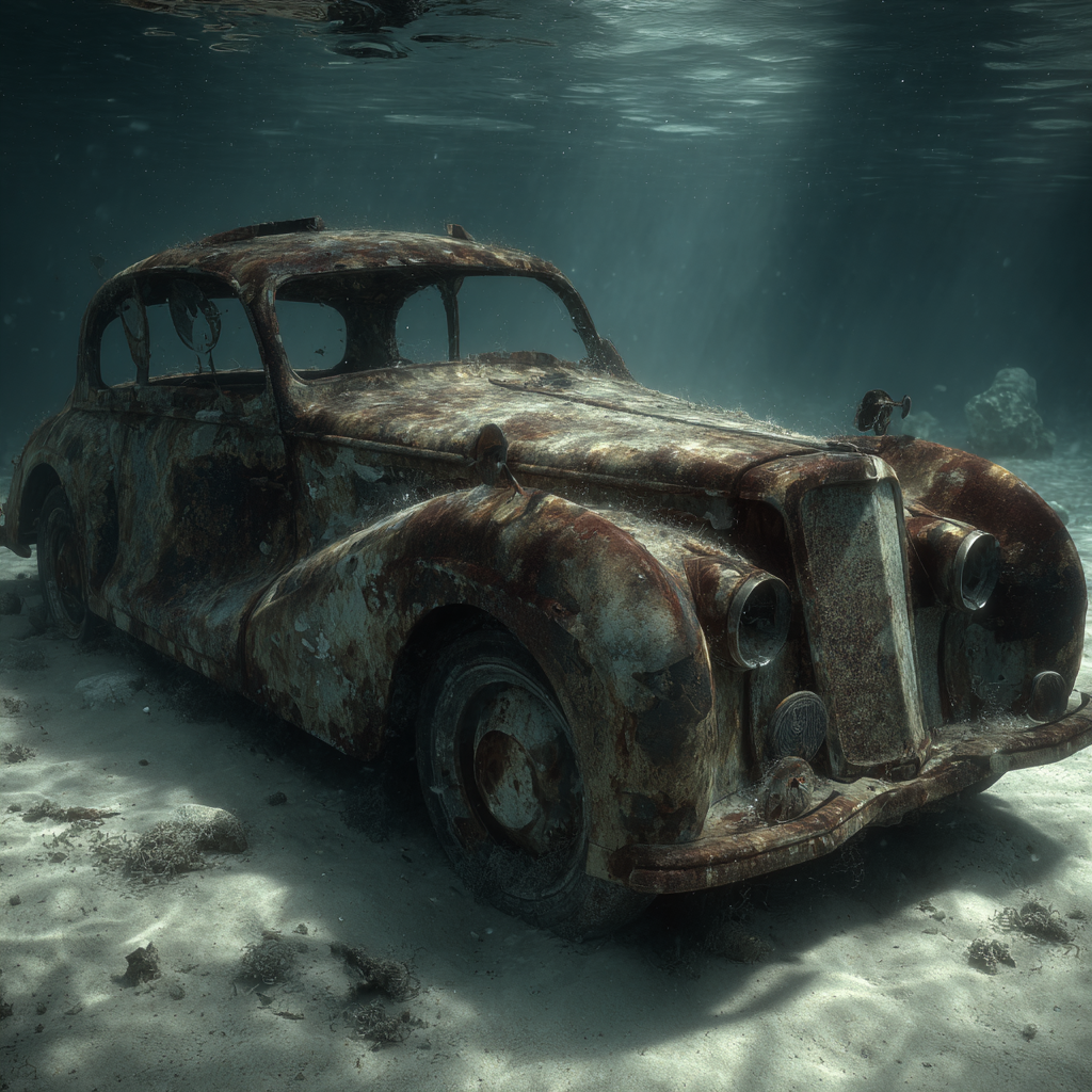 Meeres Verlassener Vintage Auto Unter Wasser Lichtstrahlen Verfall | Meerestiere | Tiere