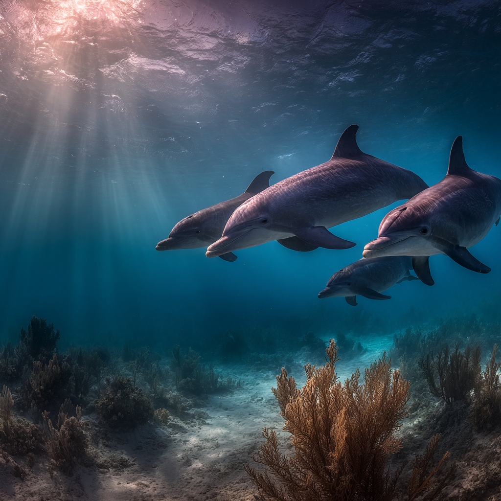 Meeres Ruhige Unterwasser Szene Mit Delfinen Im Klarem Wasser Und Wasserpflanzen | Meerestiere | Tiere
