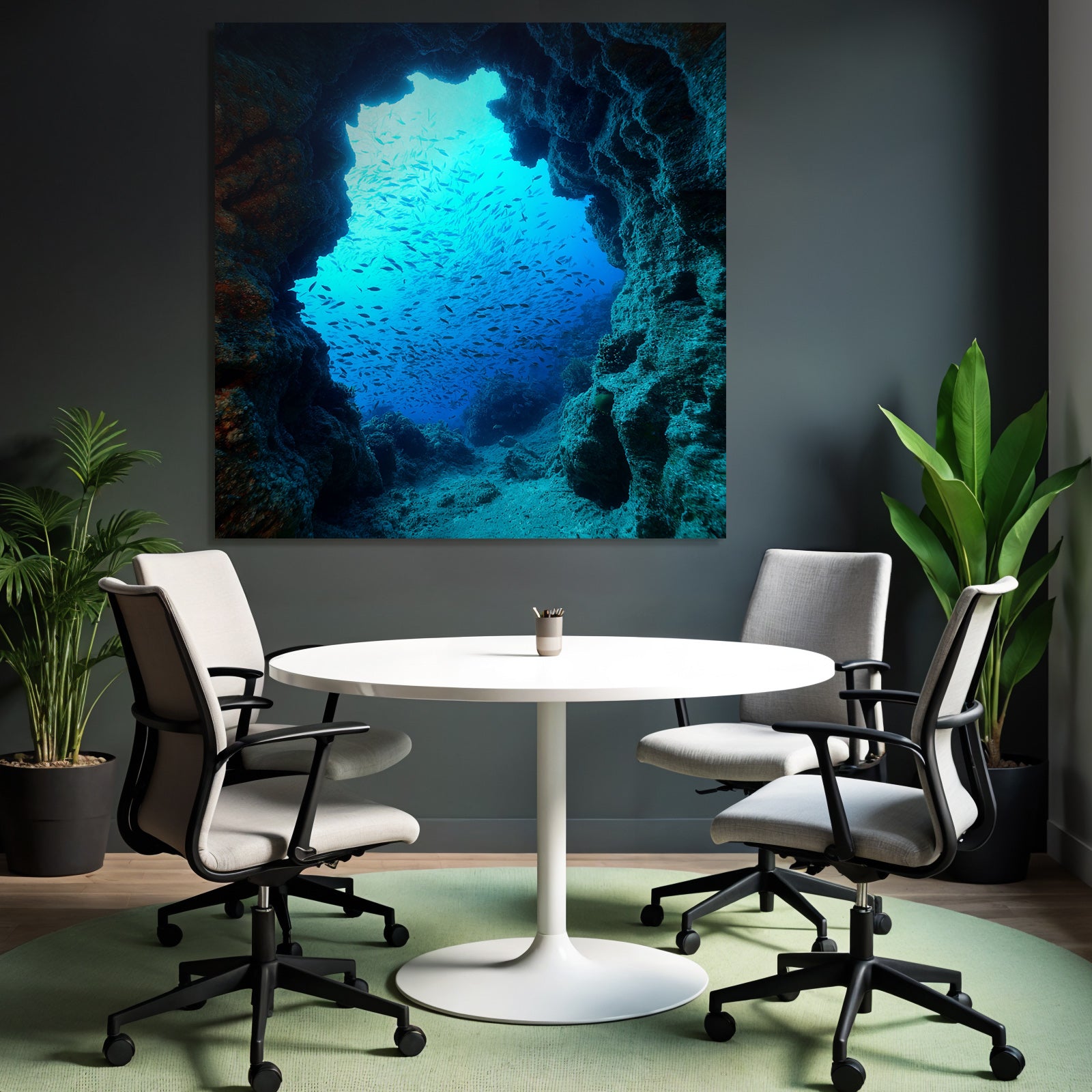 Meeres Unterwasser Felsbogen Sonnenlicht Fischschwarm