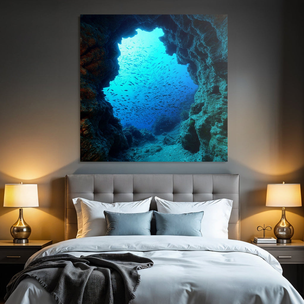 Meeres Unterwasser Felsbogen Sonnenlicht Fischschwarm