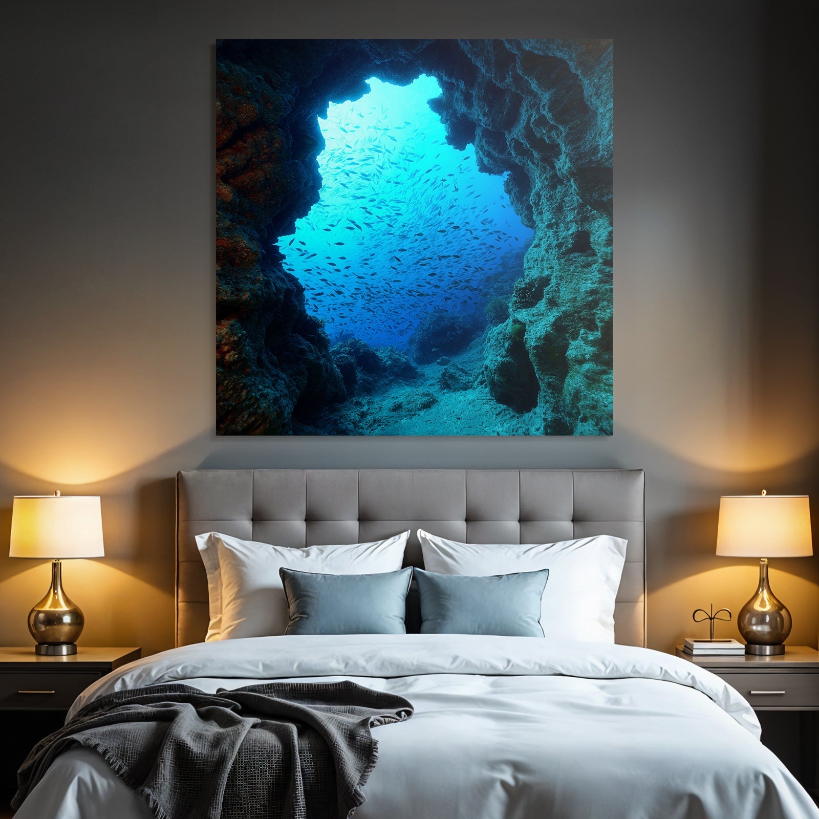 Meeres Unterwasser Felsbogen Sonnenlicht Fischschwarm