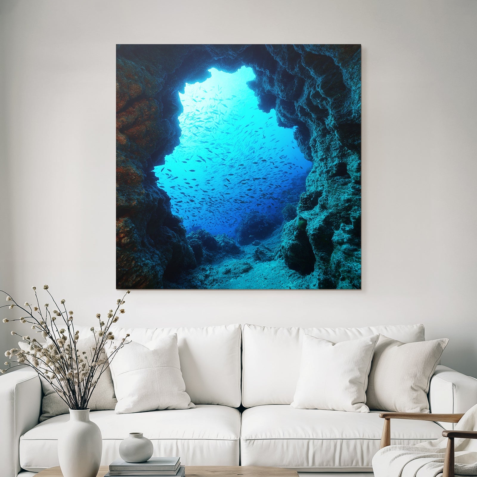 Meeres Unterwasser Felsbogen Sonnenlicht Fischschwarm