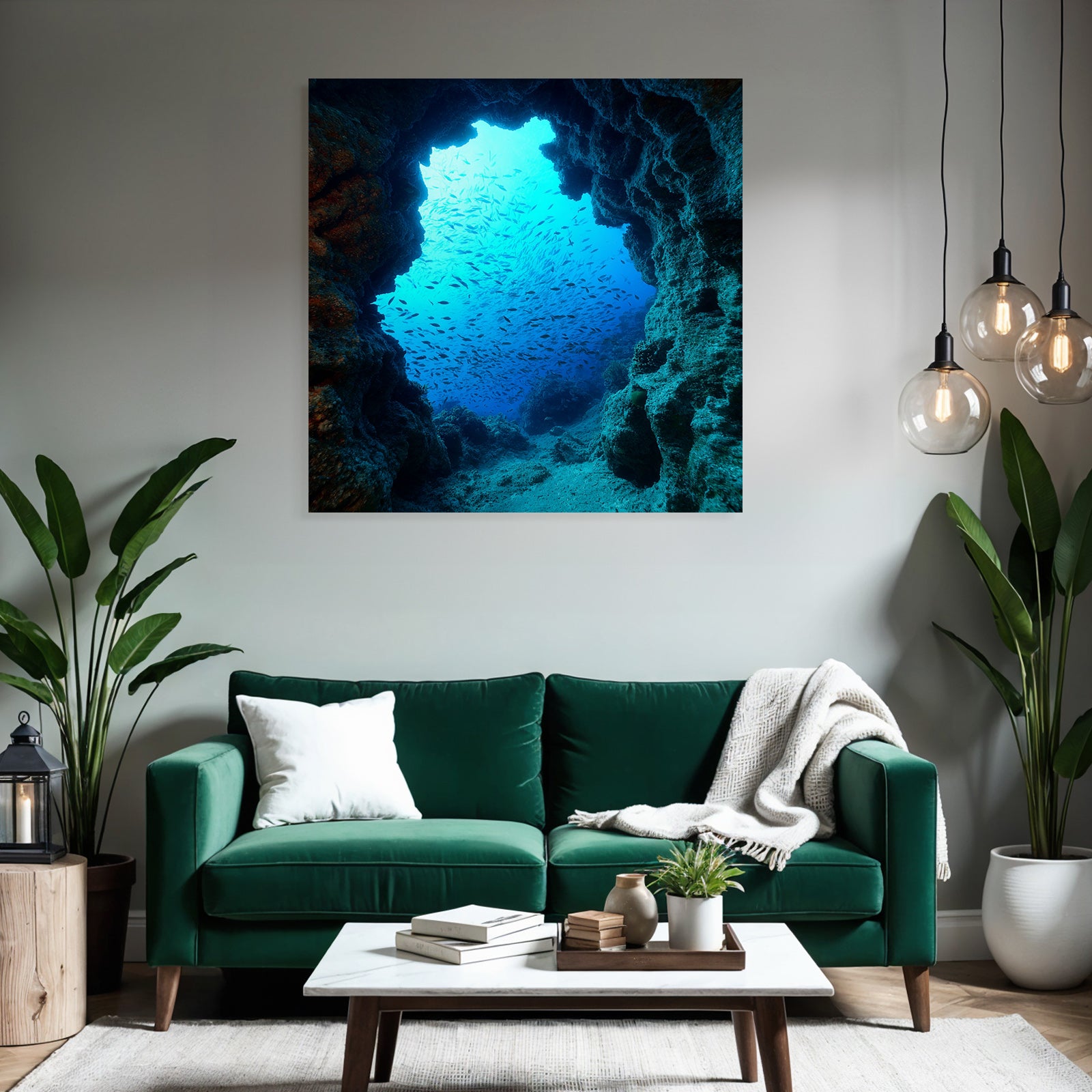 Meeres Unterwasser Felsbogen Sonnenlicht Fischschwarm
