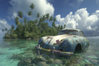 Meeres Altes Verrostetes Auto Im Klarem Wasser Mit Insel Und Palmen | Meerestiere | Tiere