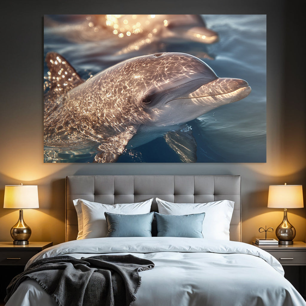 Meeres Delfin Schwimmt Nahe Der Oberflache Sonnenlicht Spiegelt Sich Auf Seiner Haut