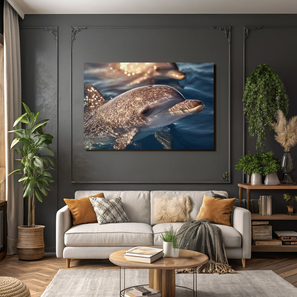 Meeres Delfin Schwimmt Nahe Der Oberflache Sonnenlicht Spiegelt Sich Auf Seiner Haut