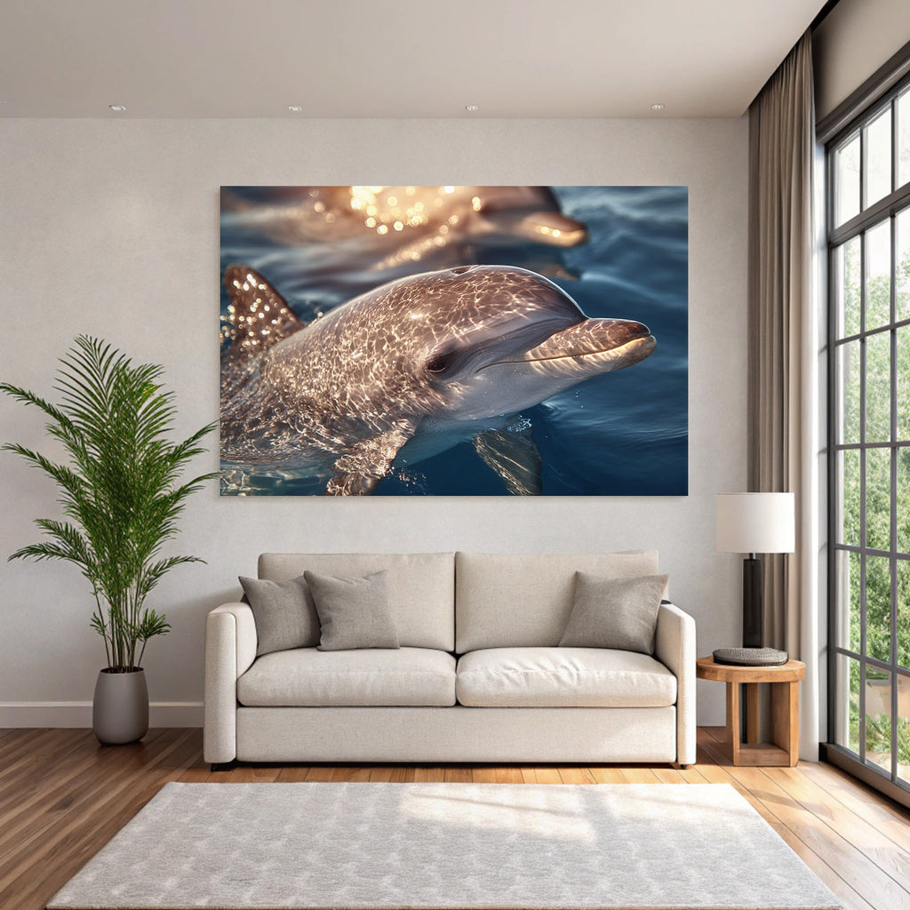 Meeres Delfin Schwimmt Nahe Der Oberflache Sonnenlicht Spiegelt Sich Auf Seiner Haut