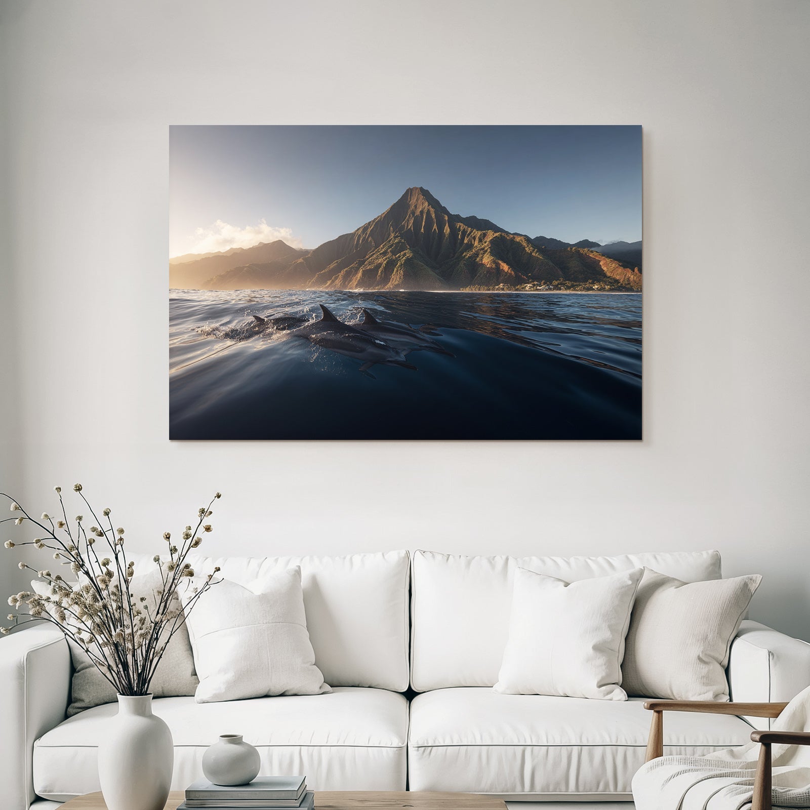 Meeres Delfine Im Sonnenaufgang Und Berglandschaft