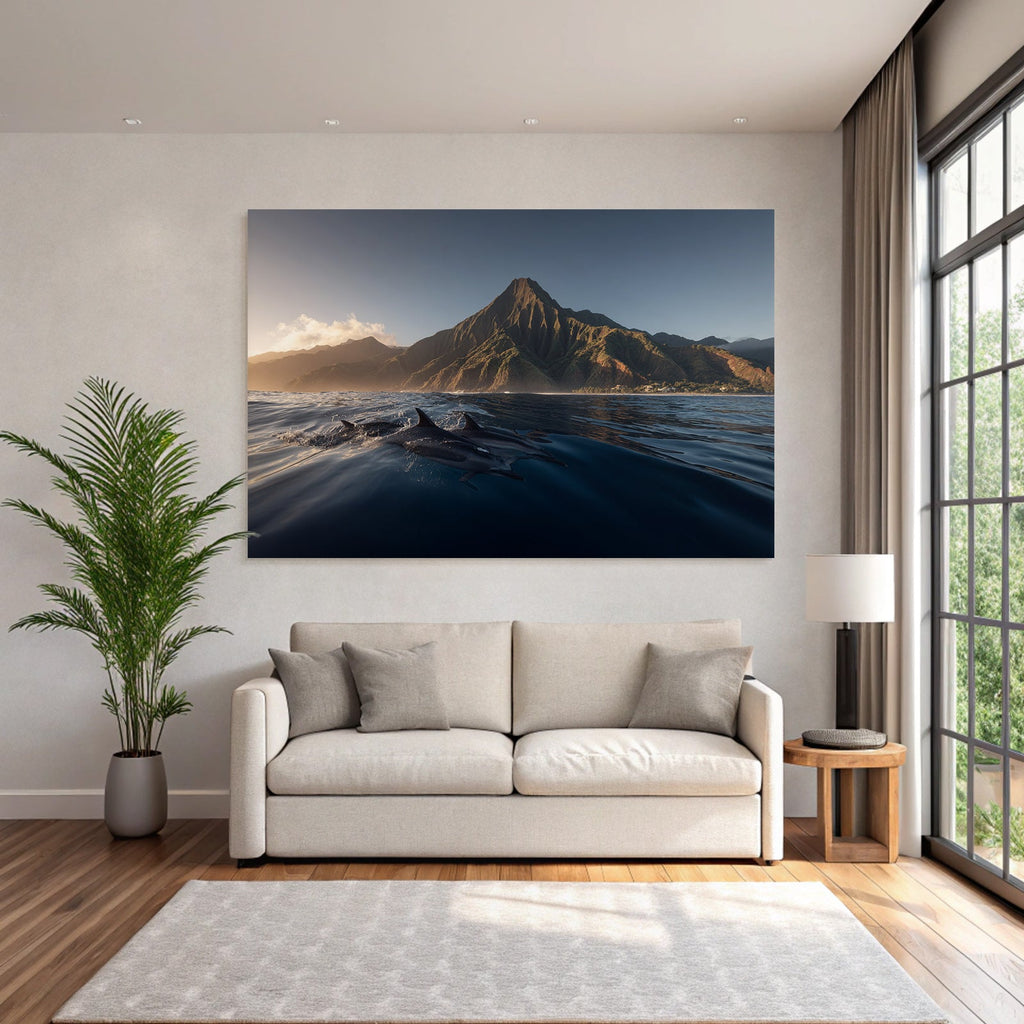 Meeres Delfine Im Sonnenaufgang Und Berglandschaft