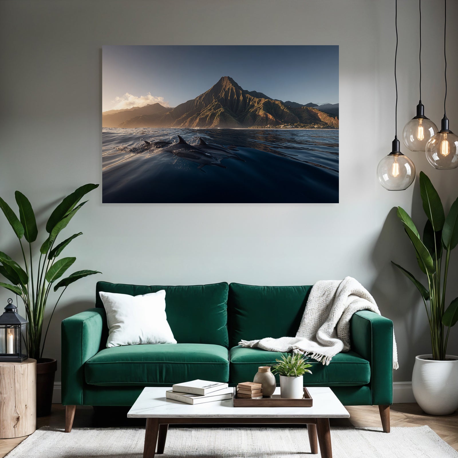 Meeres Delfine Im Sonnenaufgang Und Berglandschaft