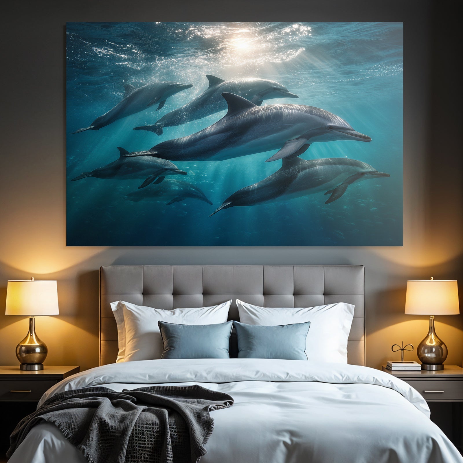 Meeres Delfine Schwimmen Unterwasser Lichtdurchflutet