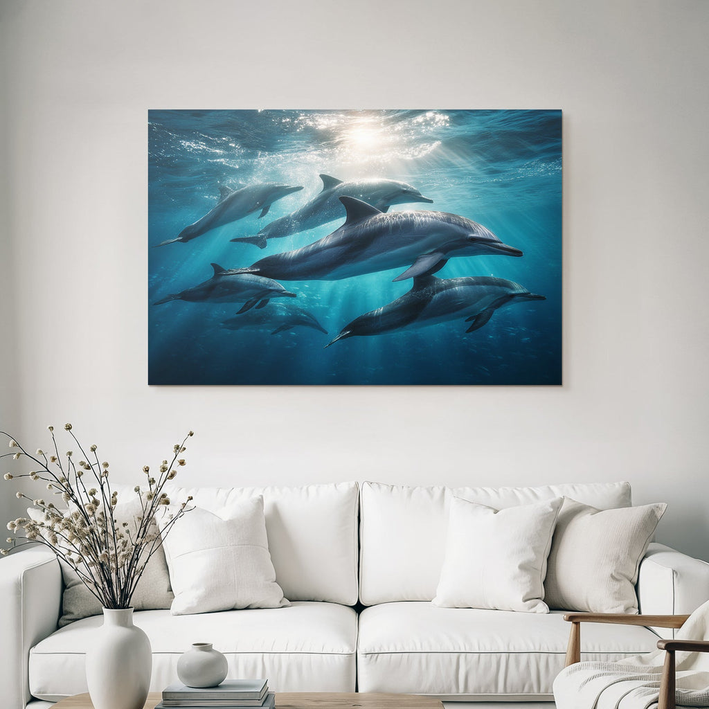 Meeres Delfine Schwimmen Unterwasser Lichtdurchflutet