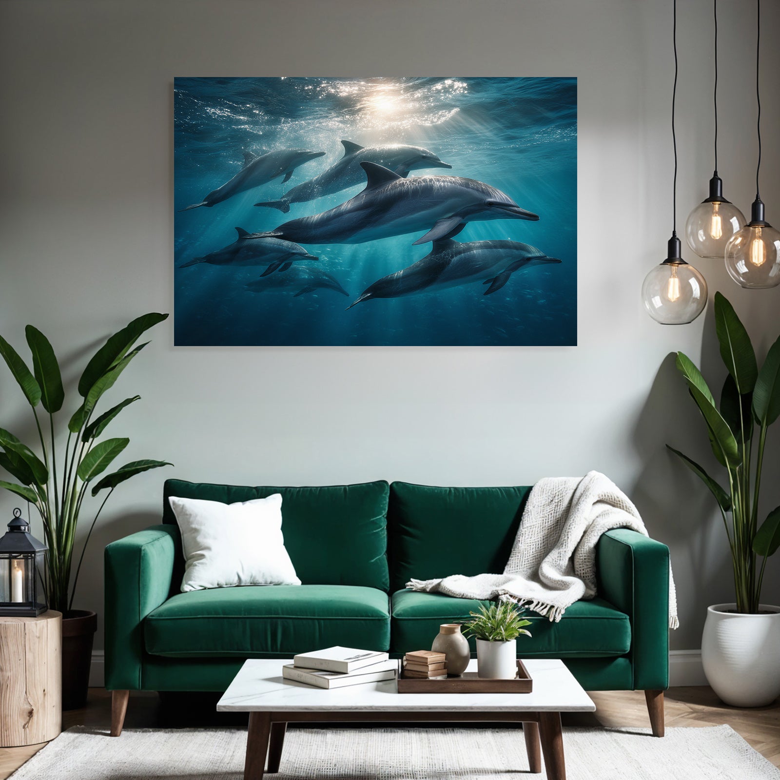Meeres Delfine Schwimmen Unterwasser Lichtdurchflutet