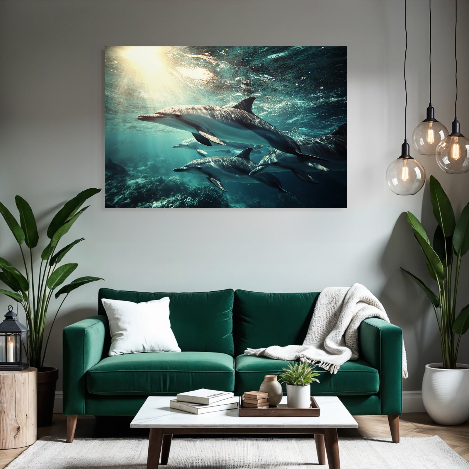 Meeres Delfine Schwimmen Unterwasser Mit Sonnenlicht