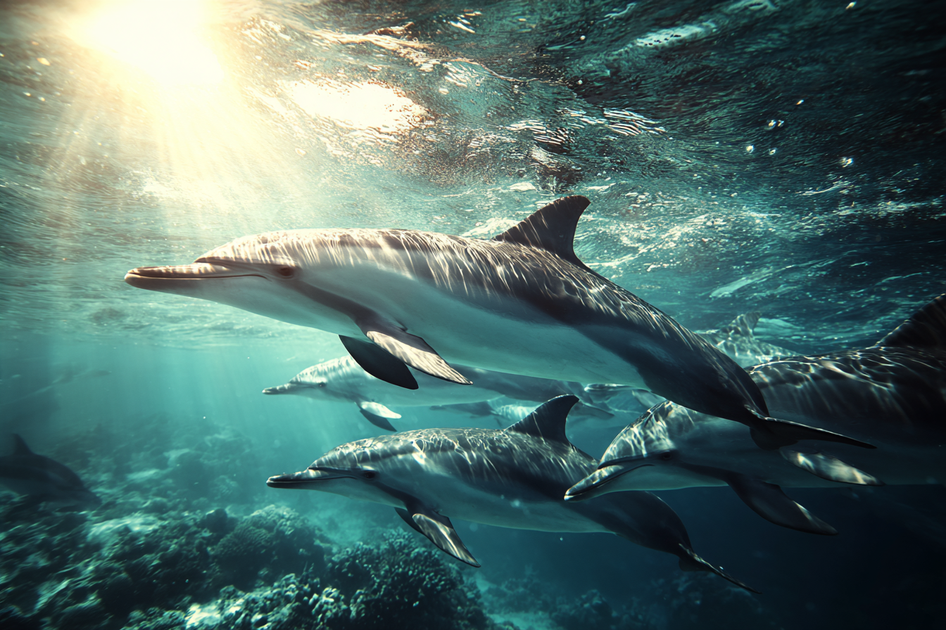 Meeres Delfine Schwimmen Unterwasser Mit Sonnenlicht | Meerestiere | Tiere