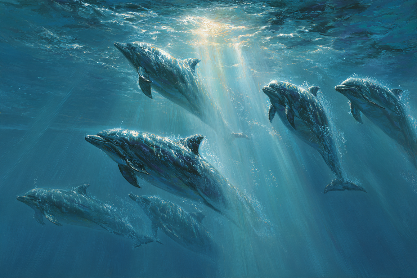 Meeres Delfine Unterwasser Mit Sonnenstrahlen Und Blaüm Schein | Meerestiere | Tiere