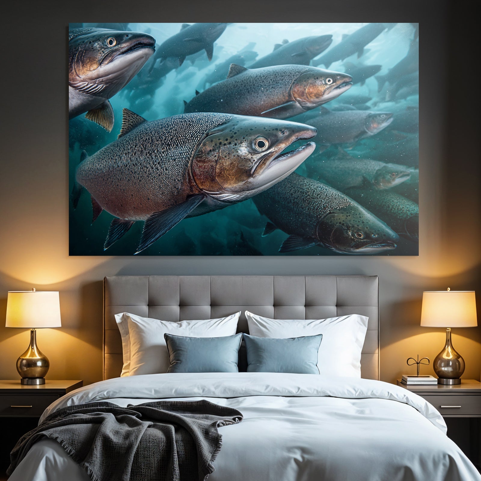 Meeres Fischschwarm Unterwasser Mit Lachs Schuppen Und Flossen