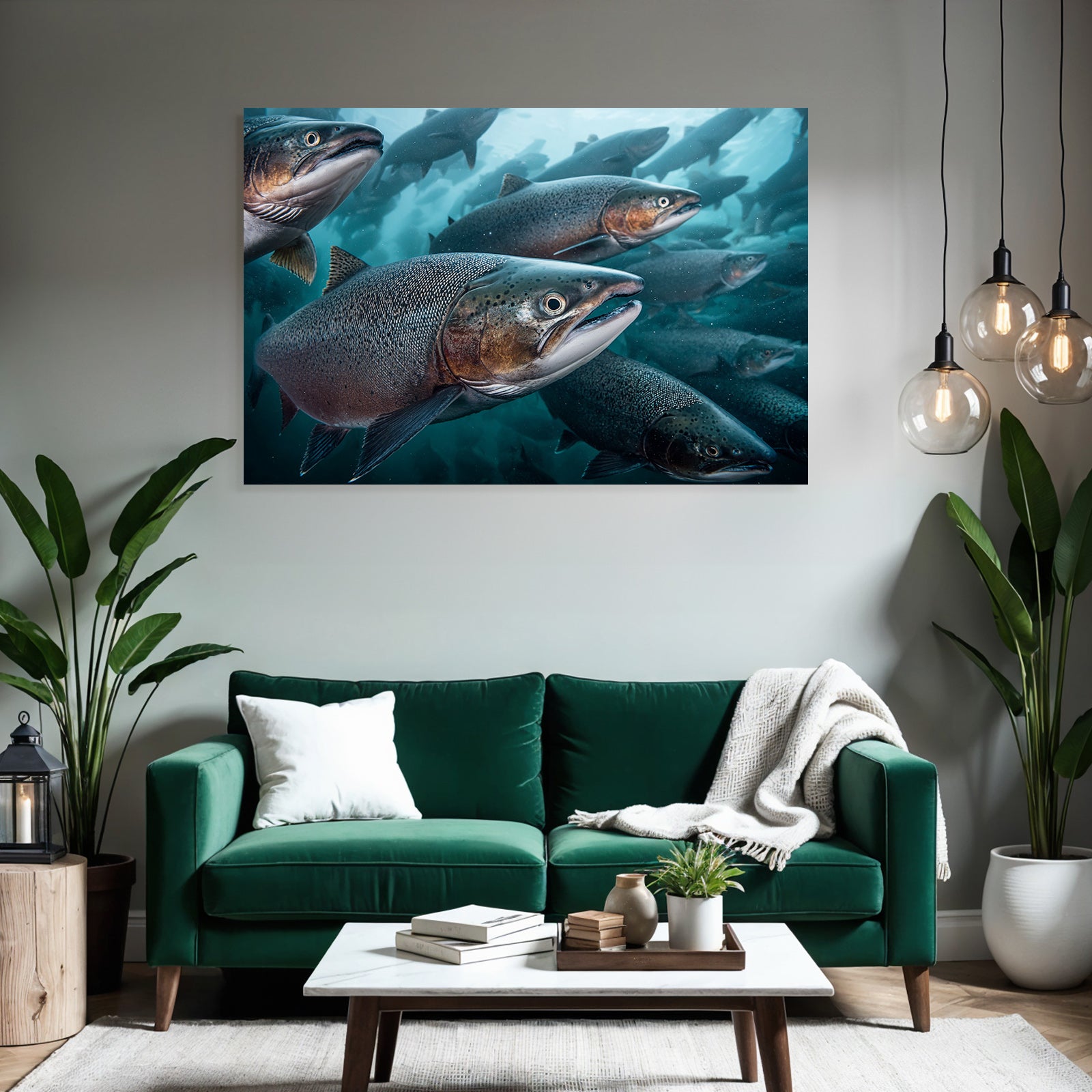Meeres Fischschwarm Unterwasser Mit Lachs Schuppen Und Flossen