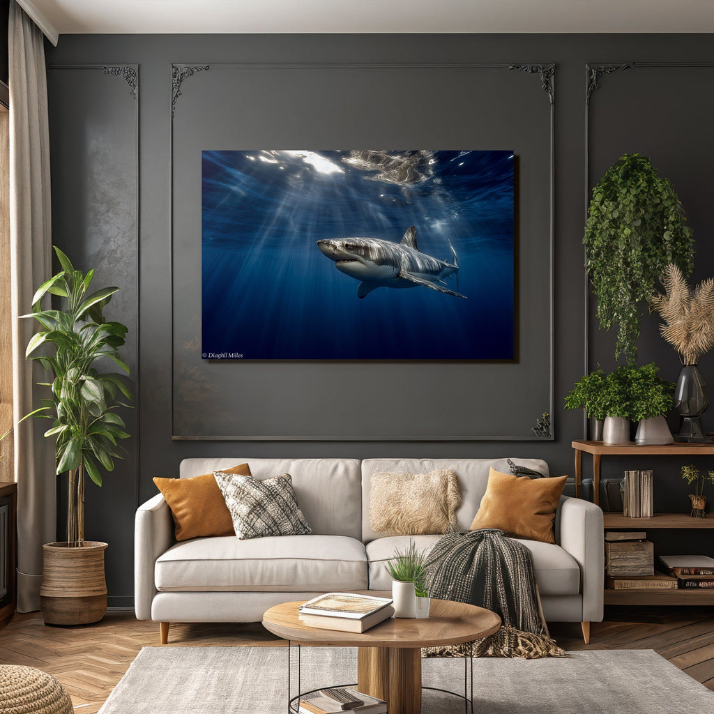 Meeres Gross Haifisch Schwimmt Unter Wasser Mit Lichtstrahlen