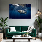 Meeres Gross Haifisch Schwimmt Unter Wasser Mit Lichtstrahlen