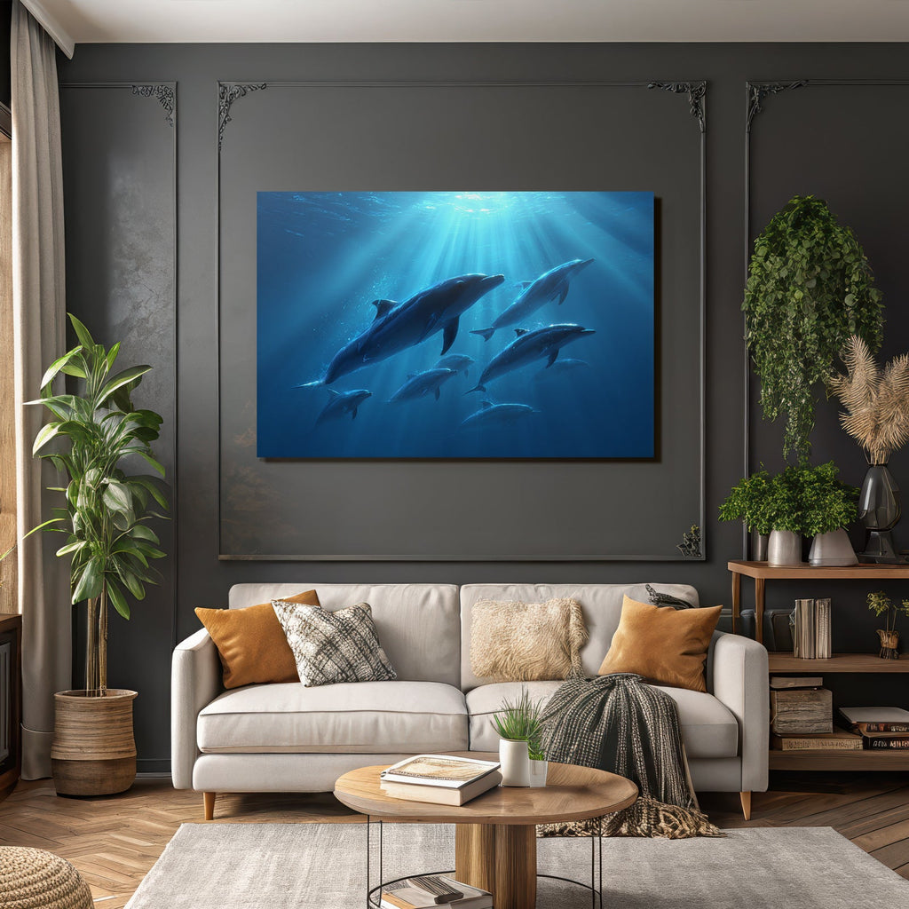 Meeres Gruppe Von Delfinen Unterwasser Mit Sonnenlichtstrahlen