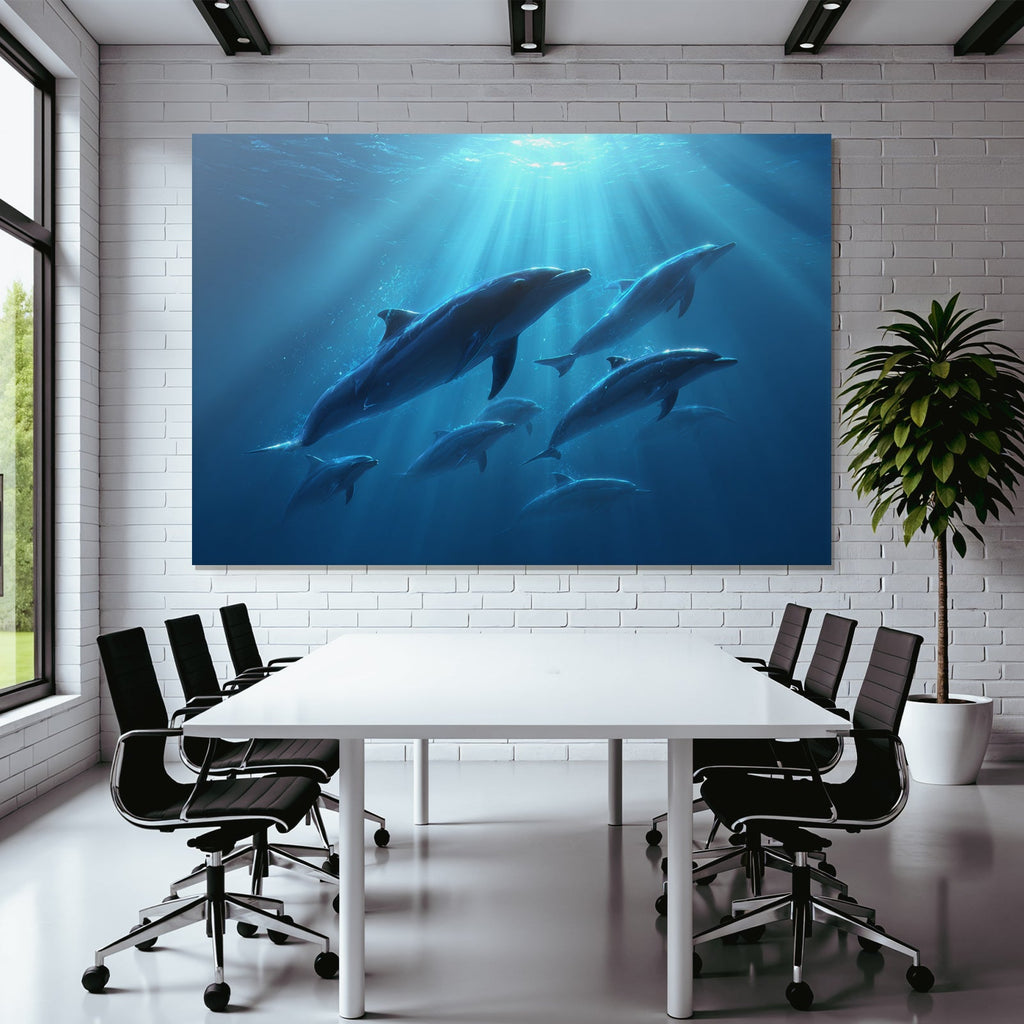 Meeres Gruppe Von Delfinen Unterwasser Mit Sonnenlichtstrahlen