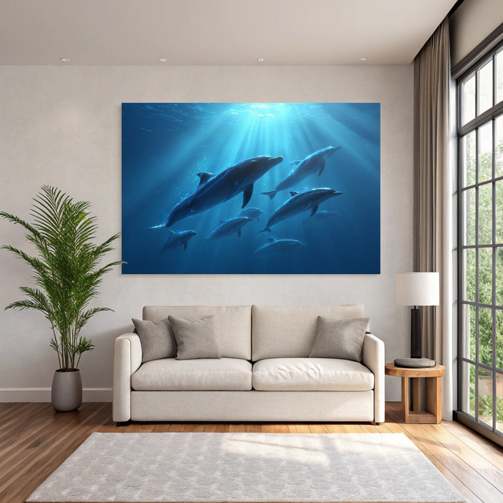 Meeres Gruppe Von Delfinen Unterwasser Mit Sonnenlichtstrahlen