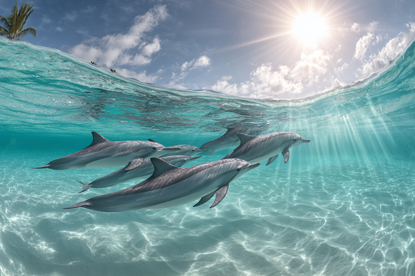 Meeres Gruppe Von Delfinen Im Türkiswasser Mit Sonnenlicht | Meerestiere | Tiere