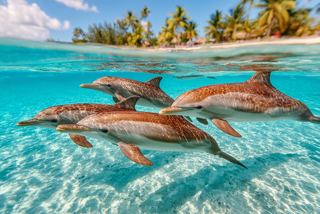 Meeres Gruppe Von Delfinen Unter Türkisem Wasser Mit Sandigem Meeresboden Und Tropischer Vegetation | Meerestiere | Tiere