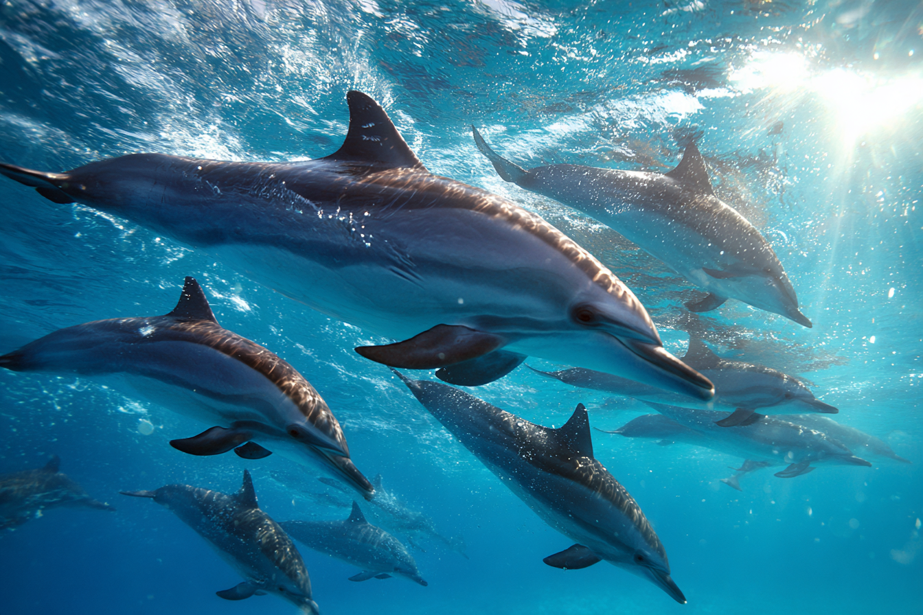 Meeres Gruppe Von Delphinen Im Klarem Blaüm Sonnenlicht Unterwasser | Meerestiere | Tiere