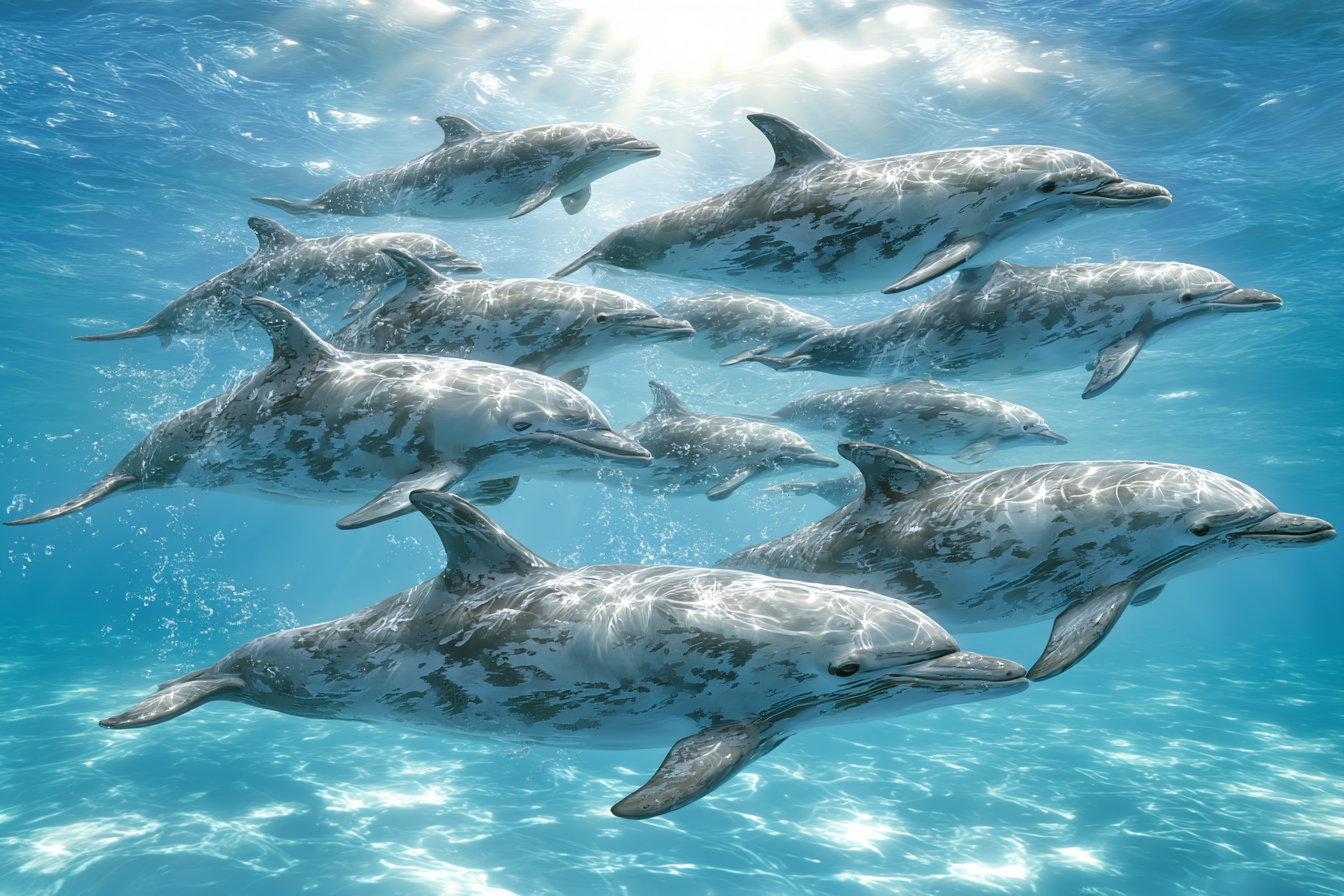 Meeres Gruppenschwimmende Delfine Unter Wasser Im Sonnenlicht | Meerestiere | Tiere