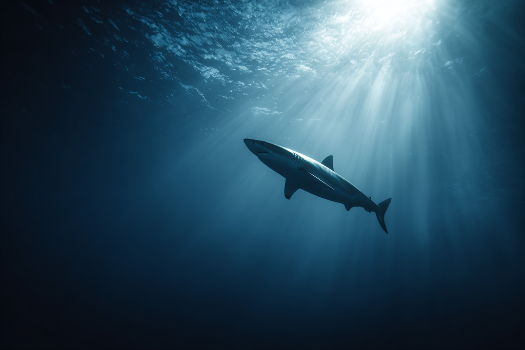 Meeres Hai Schwimmt Unterwasser Beleuchtet Von Sonnenstrahlen | Meerestiere | Tiere