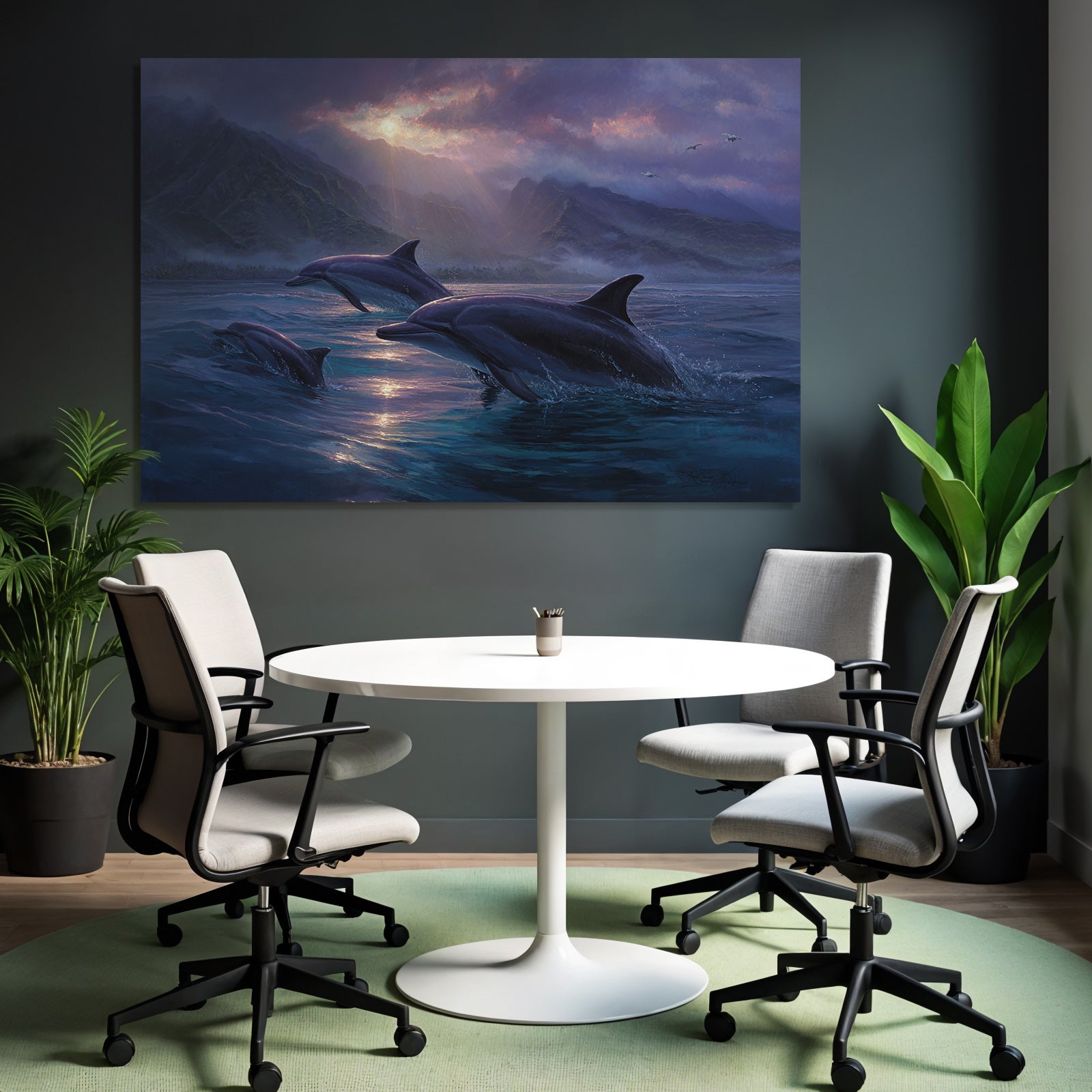 Meeres Meerlandschaft Mit Delfinen Und Bergen Unter Wolken