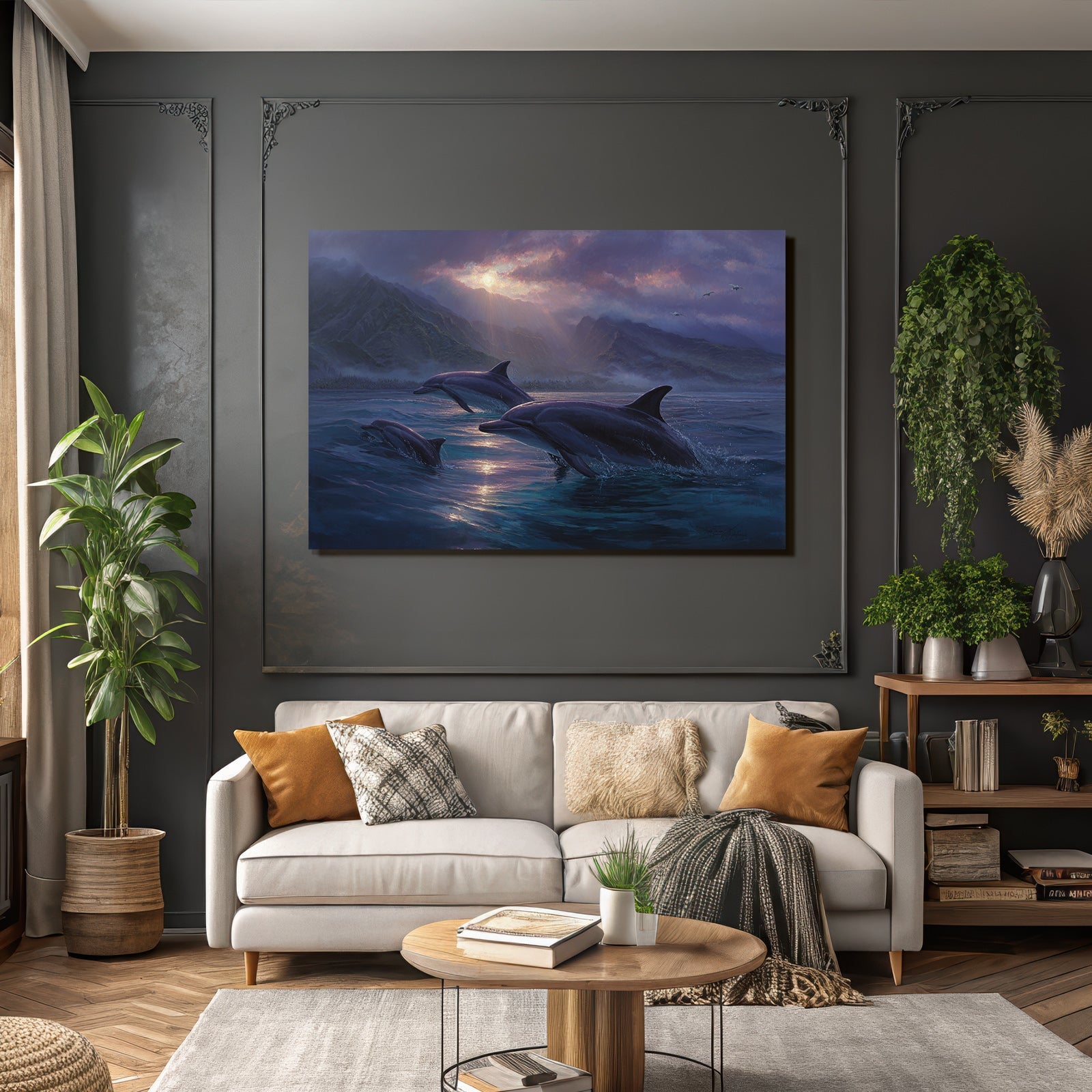 Meeres Meerlandschaft Mit Delfinen Und Bergen Unter Wolken