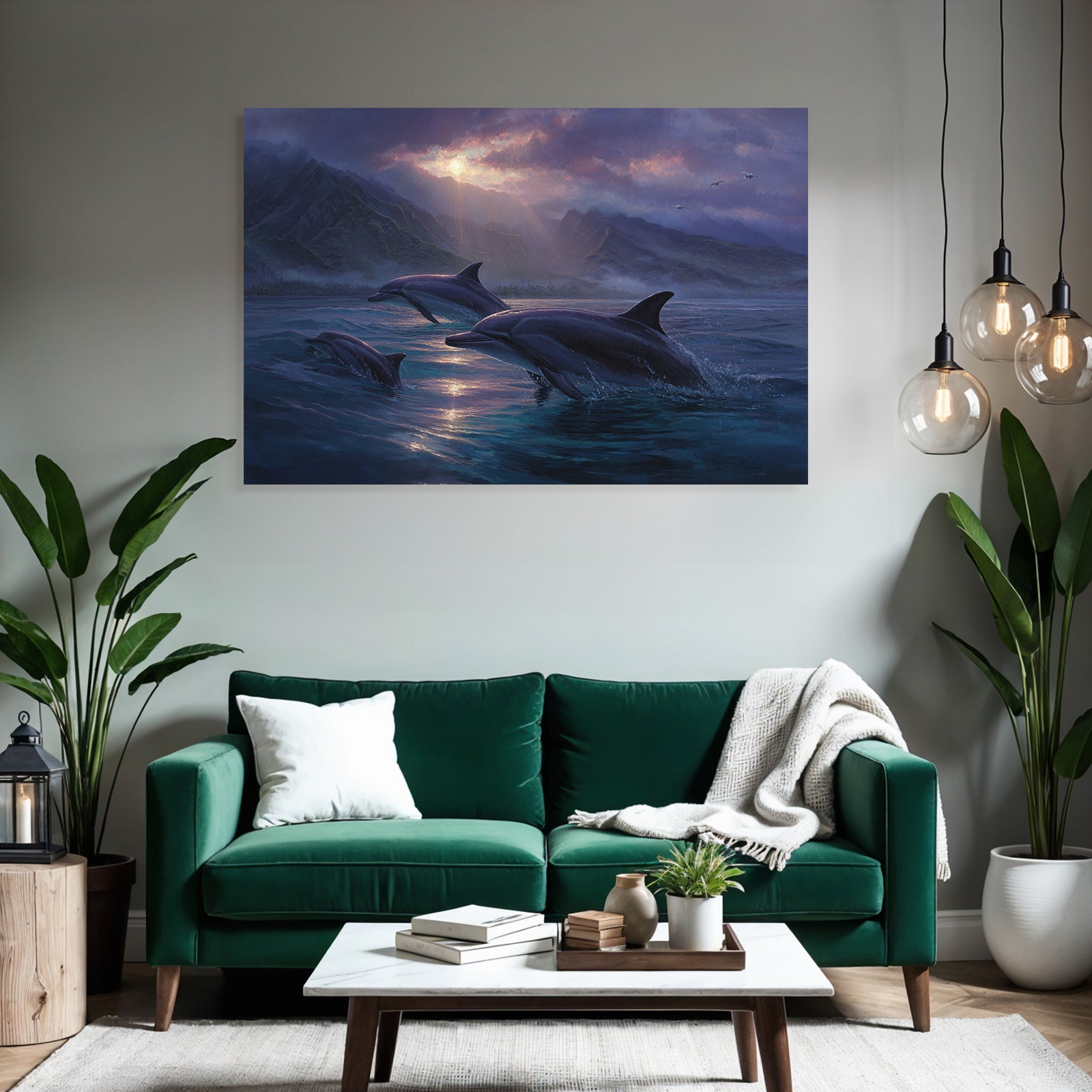 Meeres Meerlandschaft Mit Delfinen Und Bergen Unter Wolken