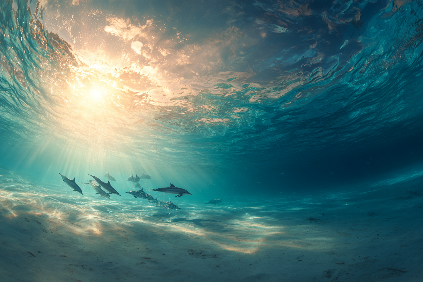 Meeres Unterwasser Szene Mit Delfinen Lichtstrahlen Und Ozeanboden | Meerestiere | Tiere
