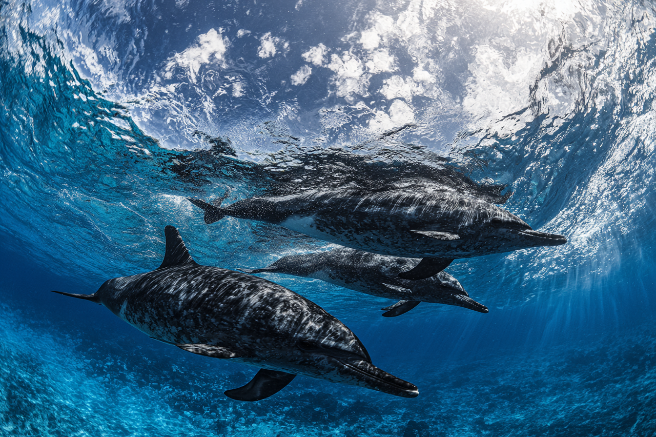 Meeres Unterwasseraufnahme Von Delfinen Mit Dynamischen Mustern Und Spiegelnden Ozeanoberfläche | Meerestiere | Tiere