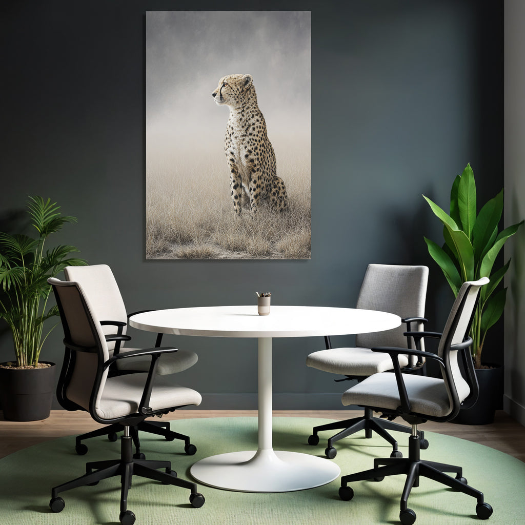 Cheetah in a field of long grass, calm and thoughtful