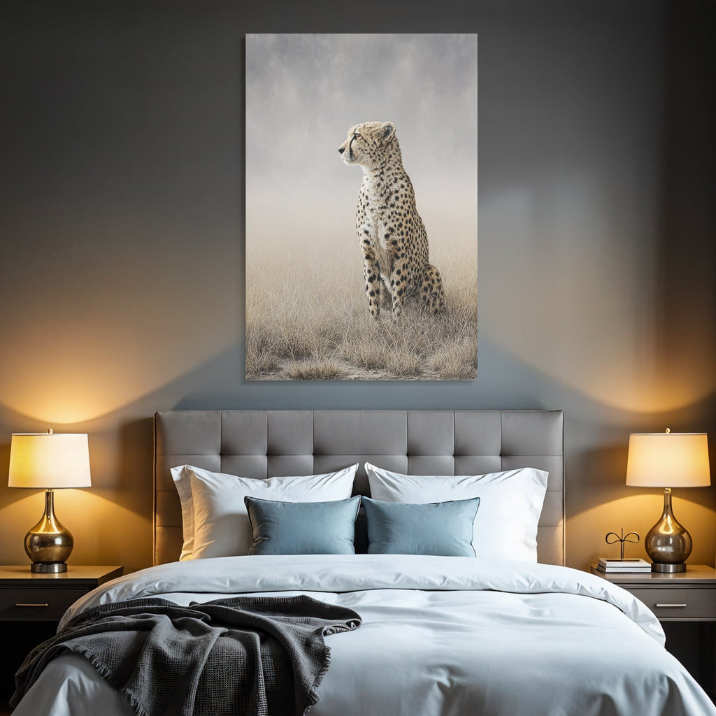 Cheetah in a field of long grass, calm and thoughtful