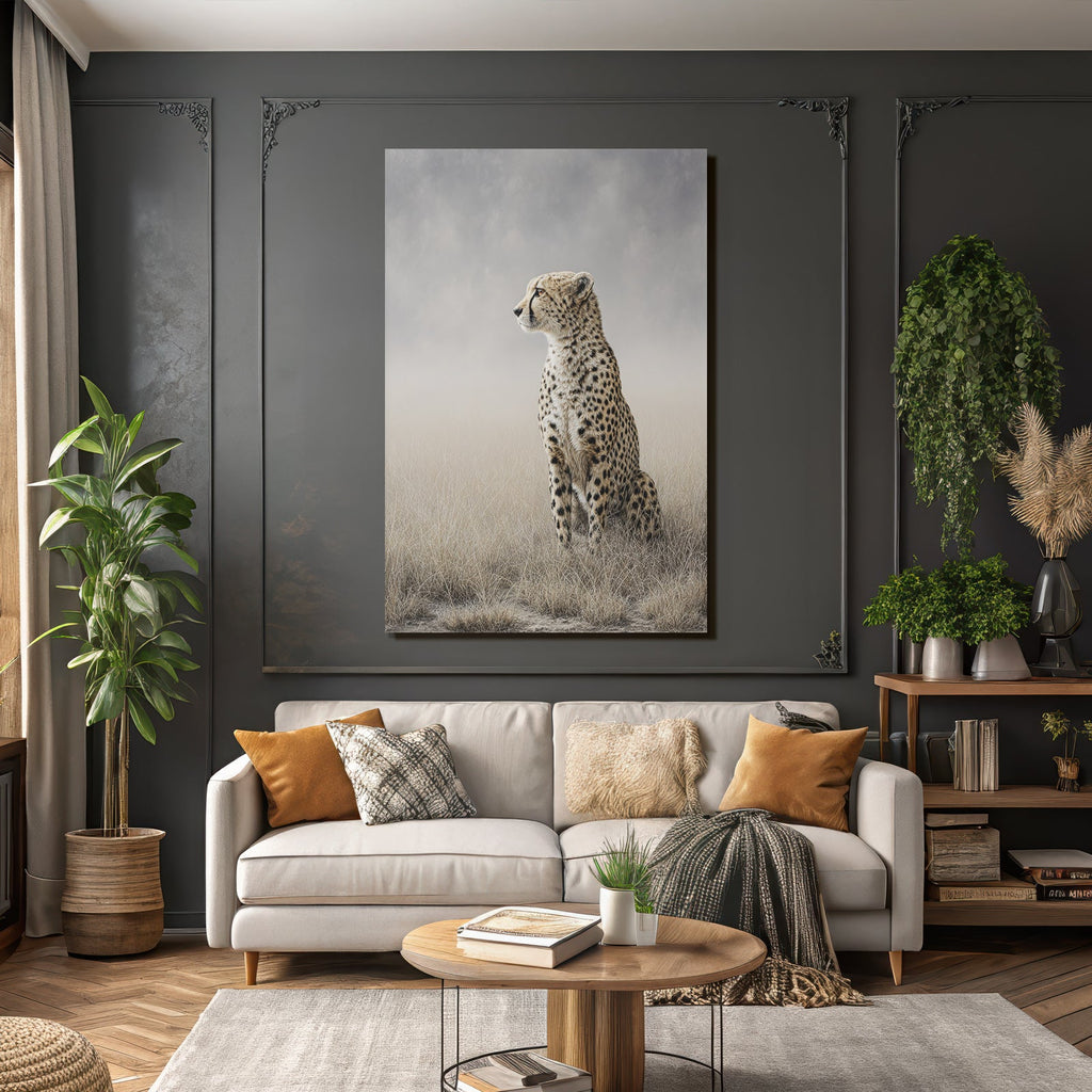 Cheetah in a field of long grass, calm and thoughtful