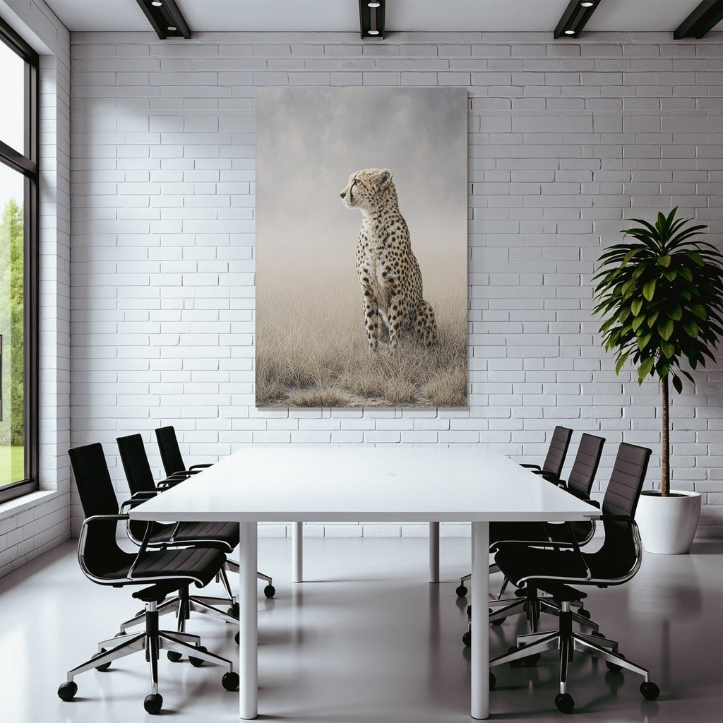 Cheetah in a field of long grass, calm and thoughtful
