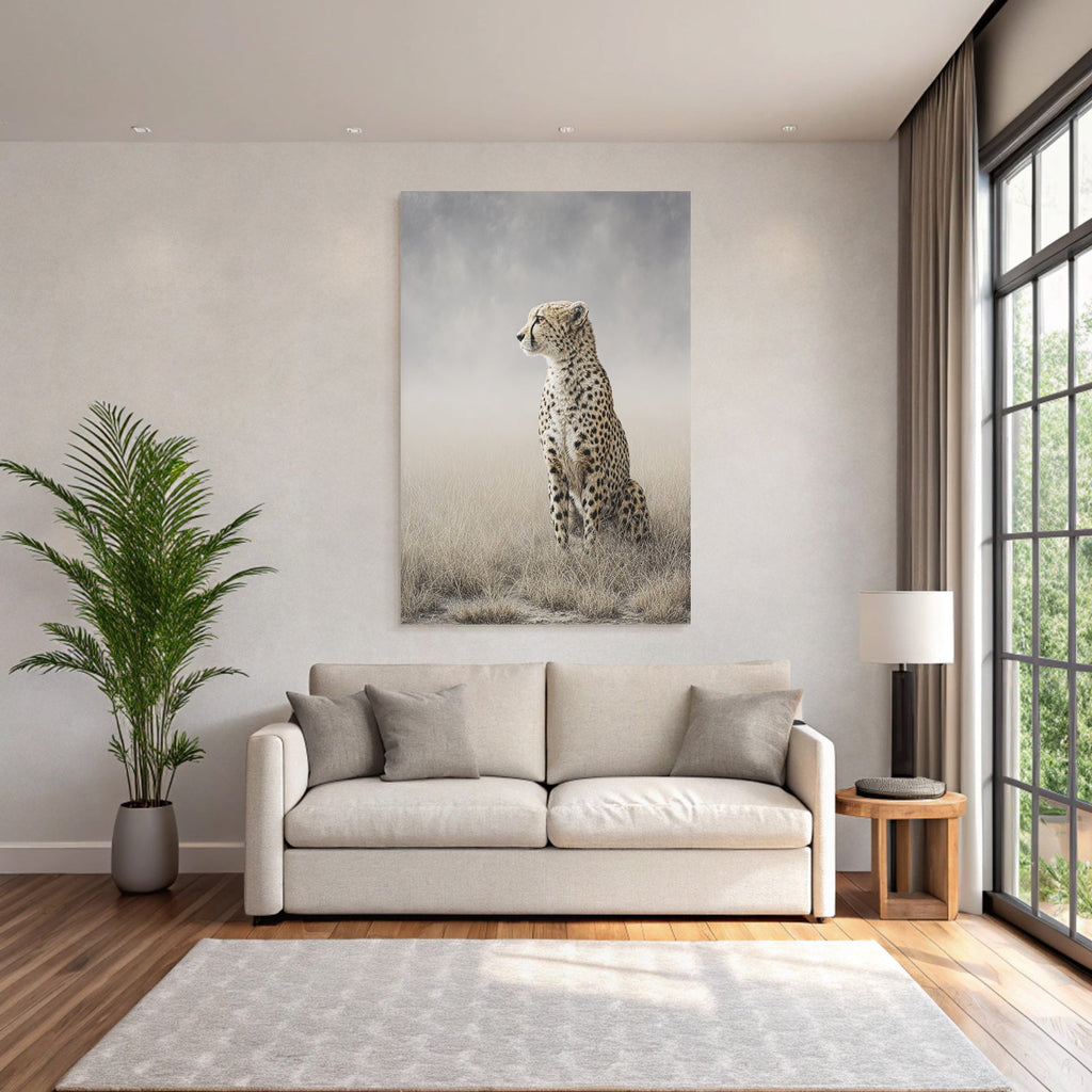 Cheetah in a field of long grass, calm and thoughtful