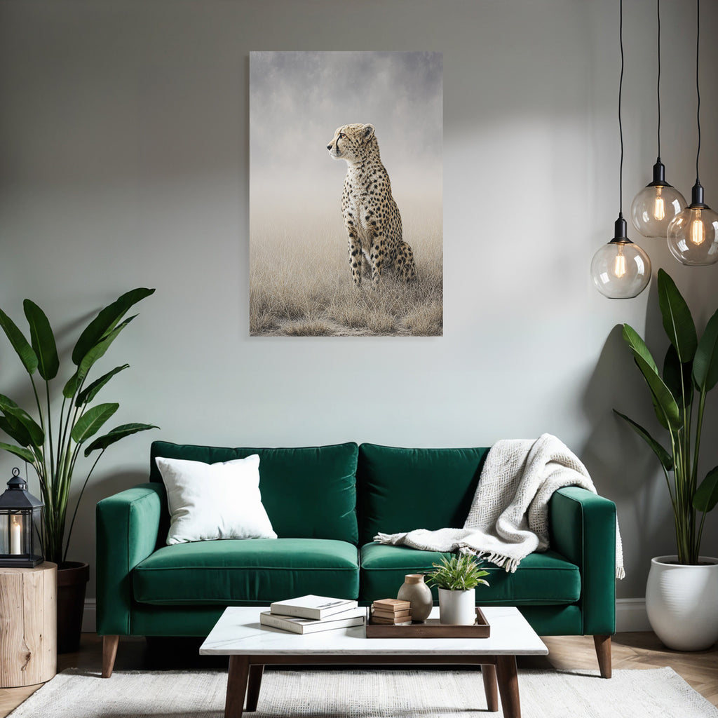 Cheetah in a field of long grass, calm and thoughtful