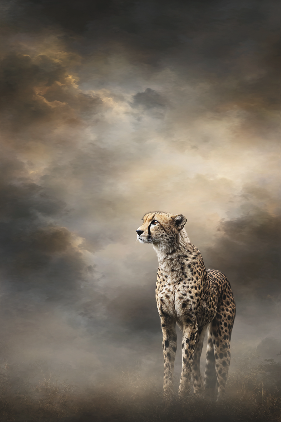 Cheetah In Einer Nebeligen Umgebung Mit Dramatischem Hintergrund | Safari und Wildtiere | Tiere