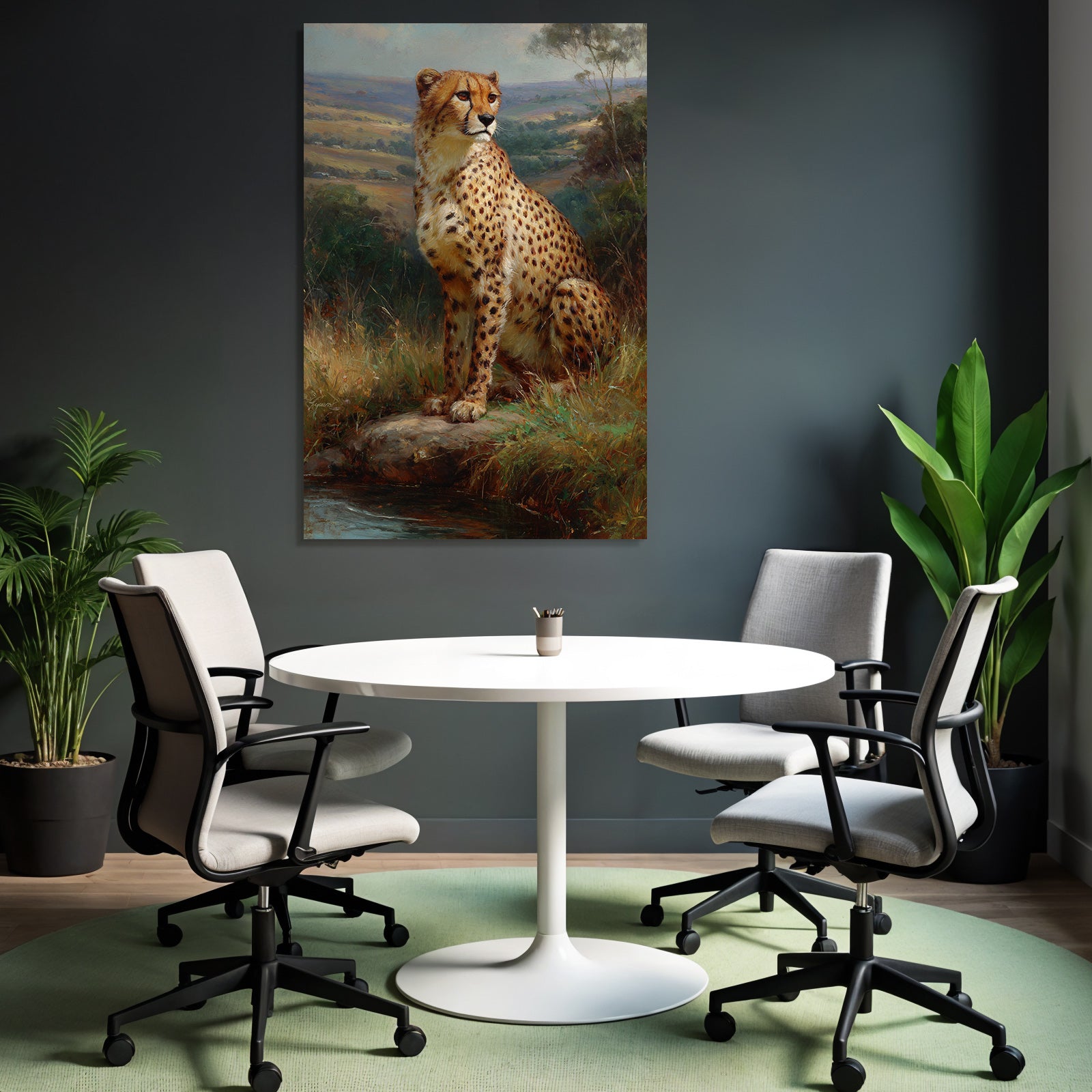 Cheetah In Natur Painting Auf Felsen Umgeben Von Gras Und Bewaldung