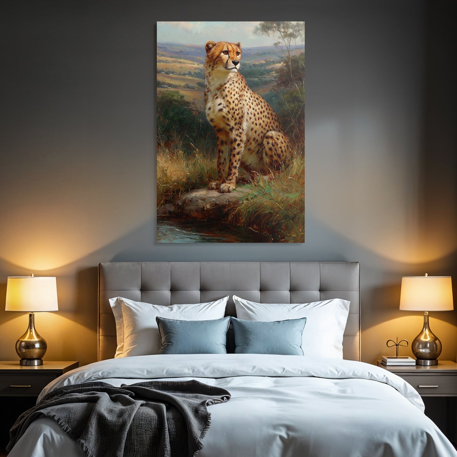 Cheetah In Natur Painting Auf Felsen Umgeben Von Gras Und Bewaldung