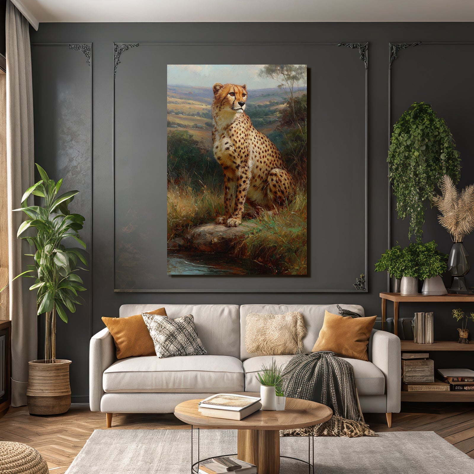 Cheetah In Natur Painting Auf Felsen Umgeben Von Gras Und Bewaldung
