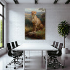 Cheetah In Natur Painting Auf Felsen Umgeben Von Gras Und Bewaldung